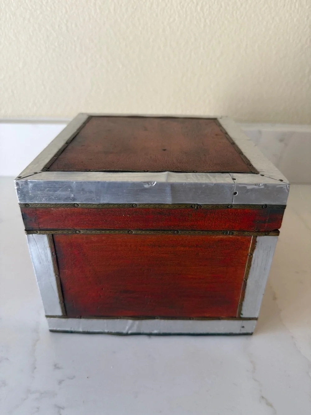 Vintage Handmade Wooden Box with Brass and Aluminum Trim.